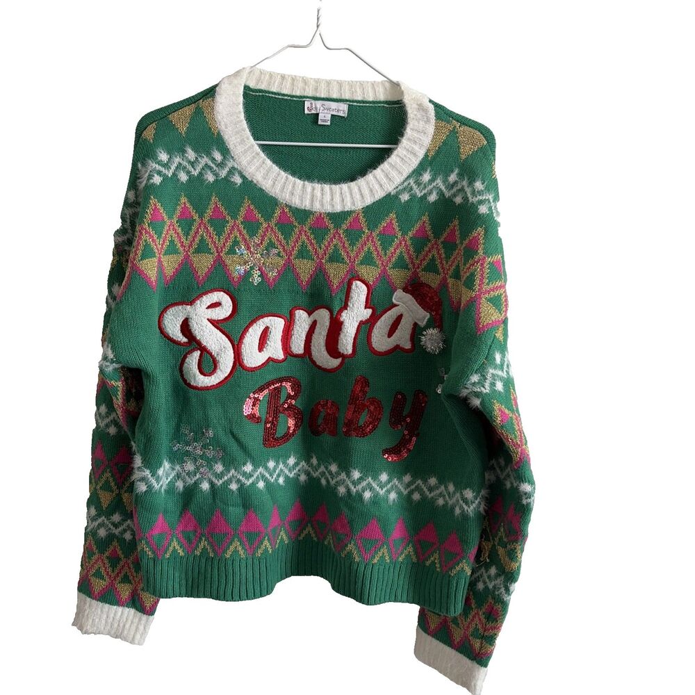 Jolly Sweaters Womens Large Green Santa Baby Ugly Christmas Sweater Sequin Large